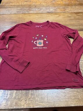 Life Is Good womens Long Sleeve Tee in Maroon with Fall Mug Graphic Sz XL